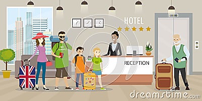 Cartoon People with luggage and woman receptionist.travel and hospitality concept Vector Illustration