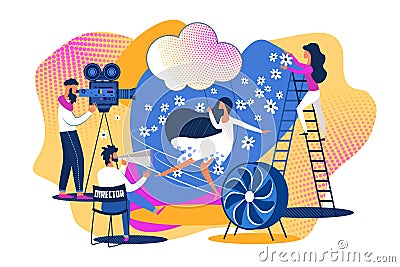 Cartoon People Movie Set Scene Shooting Film Make Vector Illustration