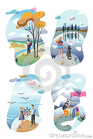 Cartoon people and natural landscapes scenes set Vector Illustration