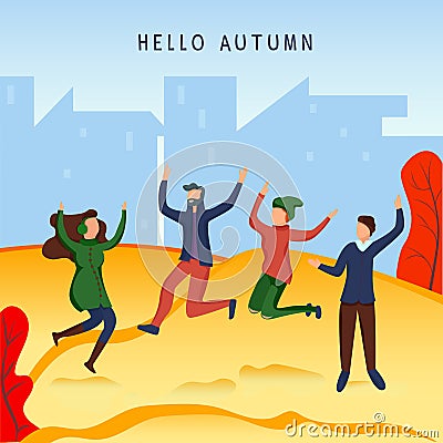 Cartoon people play in the autumn park Vector Illustration