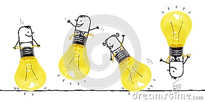 Cartoon People playing and bumping wit big Light bulbs Stock Photo