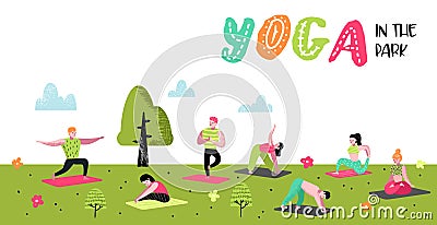 Cartoon People Practicing Yoga Poster, Banner. Man and Woman Stretching, Training. Fitness Workout, Healthy Lifestyle Vector Illustration