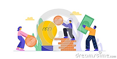 Cartoon people putting money to bulb piggy bank investment into idea or business startup Vector Illustration