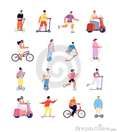 Cartoon people ride. Man on bicycle, urban lifestyle activity. Isolated person riding bike, sport travellers on electric Vector Illustration