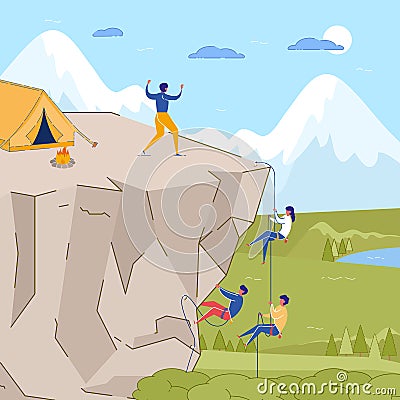 Cartoon People Rock Climbing on Mountain Peak Vector Illustration