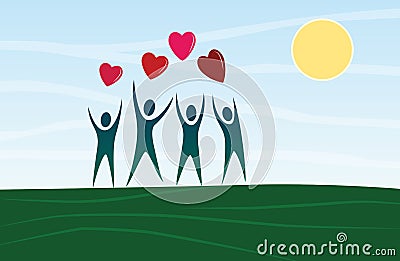 Cartoon people silhouettes with heart-shapes balloons Vector Illustration