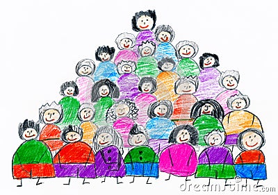 Cartoon people team collection group portrait, children drawing object on paper, hand drawn art picture Stock Photo