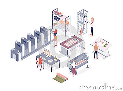 Cartoon people working at printing service center vector isometric illustration. Man and woman workers of printshop Vector Illustration