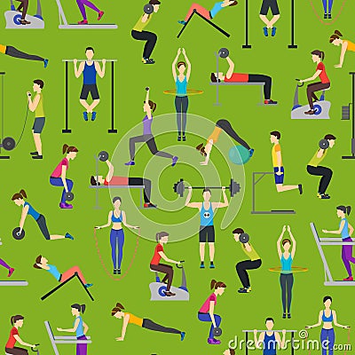 Cartoon People Workout Exercise in Gym Background Pattern on a Green. Vector Vector Illustration