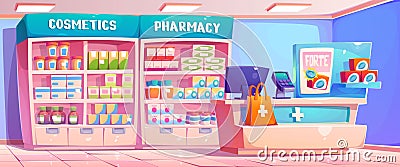 Cartoon pharmacy interior with drugs on shelves Cartoon Illustration