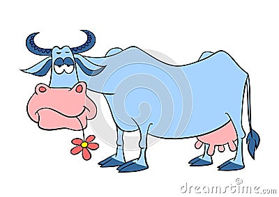 Cartoon phlegmatic cow. Vector illustration isolated on white. Cartoon blue cow Vector Illustration