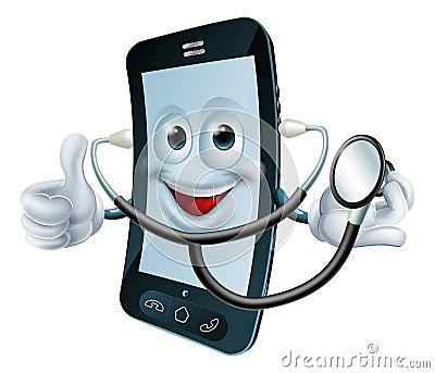 Cartoon phone character holding a stethoscope Vector Illustration