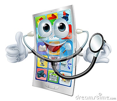 Cartoon phone holding a stethoscope Vector Illustration