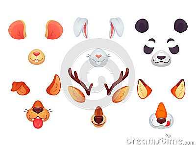 Cartoon phone masks. Funny animals ears, tongue and eyes. Brown dog bunny red fox panda bear mouse and deer mask. Animal Vector Illustration