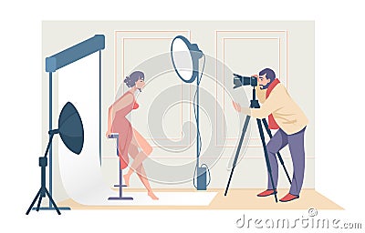 Cartoon photographers shooting model. Man taking pictures with professional camera and light equipment. Woman posing in Vector Illustration