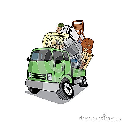 Cartoon pickup truck full of household junk Vector Illustration