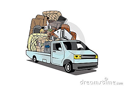 Cartoon pickup truck loaded full of household junk design illustration Vector Illustration