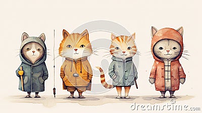 Cartoon picture of four cute cats. Cool and funny, in the style of atmospheric color washes Stock Photo