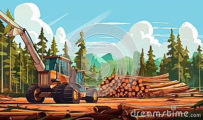 A Cartoon Illustration of a Timber Harvester in a Lush Green Woods Stock Photo