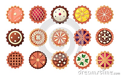 Cartoon pie. Homemade whole dessert, sweet berry tart and round cheesecake, tasty pastry and chocolate bakery. Vector Vector Illustration