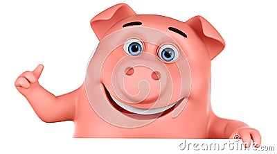 Cartoon pig character shows thumb up on a white background. 3d rendering. Illustration for advertising Stock Photo