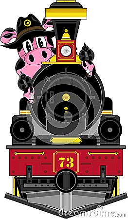 Cartoon Pig Cowboy and Train Vector Illustration