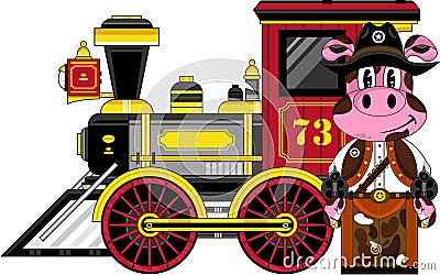 Cartoon Pig Cowboy and Train Vector Illustration