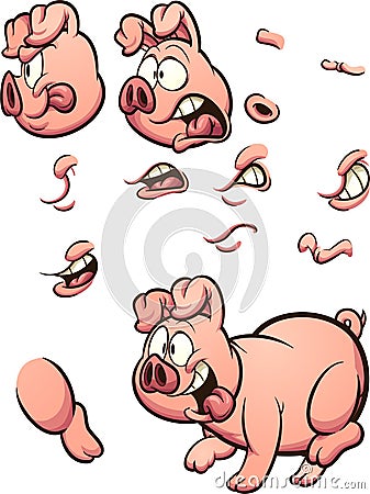 Cartoon pig with different poses and expressions Vector Illustration