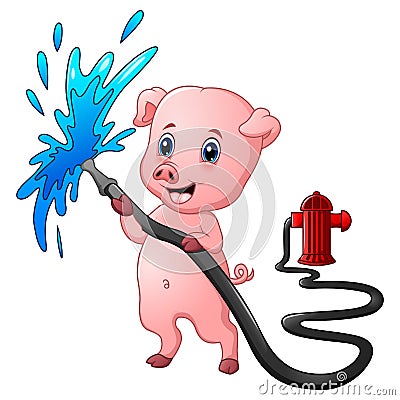 Cartoon pig with hose spraying water and fire hydrant Vector Illustration