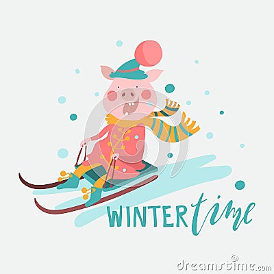 Cartoon pig, piggy, piglet on a sledge, winter season fun activity graphic illustration Vector Illustration