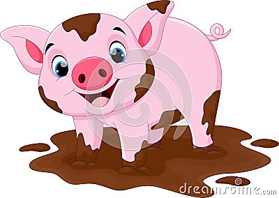 Cartoon pig play in a mud puddle Cartoon Illustration