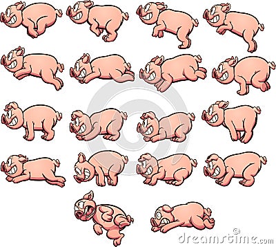 Cartoon pig with running and jumping actions Cartoon Illustration