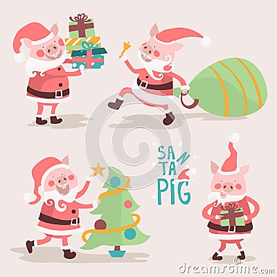 Cartoon pig Santa Claus. Funny Christmas piglets set Vector Illustration