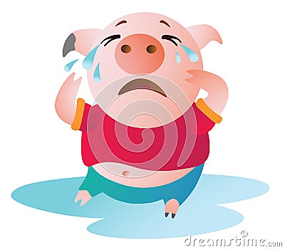 Cartoon Pig sits in a pool of tears and cries. Vector Illustration