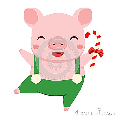 Cartoon pig, symbol of 2019 chinse new year dance with candy cane. vector illustration for calendars and cards Vector Illustration