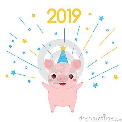 Cartoon pig, symbol of 2019 chinse new year with firework. vector illustration for calendars and cards Vector Illustration