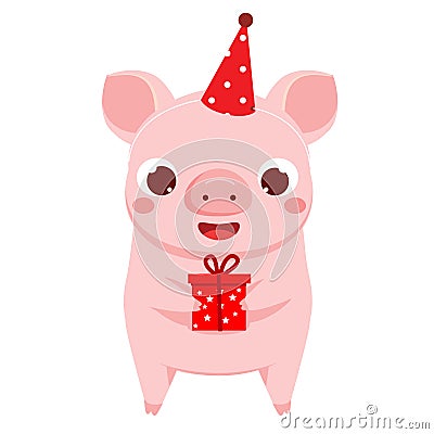 Cartoon pig, symbol of 2019 chinse new year with gift box. vector illustration for calendars and cards Vector Illustration