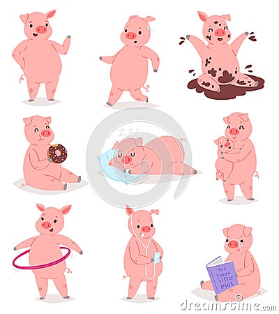 Cartoon pig vector piglet or piggy character and pink piggy-wiggy playing in puddle illustration piggish set of piggery Vector Illustration