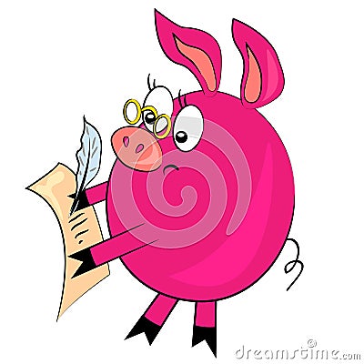 Cartoon pig writing letter. animal image Vector Illustration