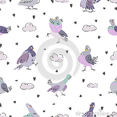 Cartoon pigeon seamless pattern. Pigeons various emotions, isolated funny dove. Urban birds cute fabric print design Vector Illustration