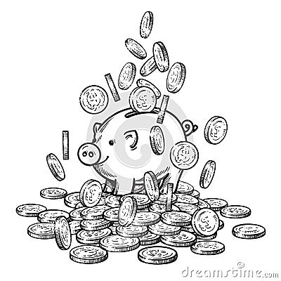 Cartoon piggy bank among falling coins on big pile of money. 2019 Chinese New Yea symbol. Black and white sketch. Hand Vector Illustration