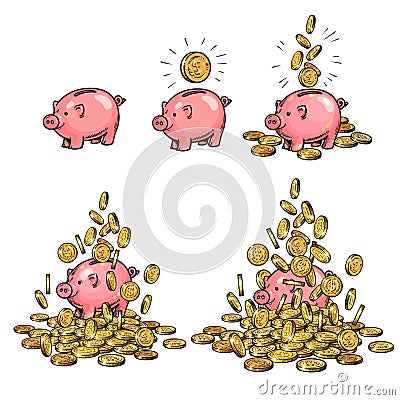 Cartoon piggy bank and gold coins set. Piggy with one coin, with falling cash, heaped over money. Growing wealth and Vector Illustration
