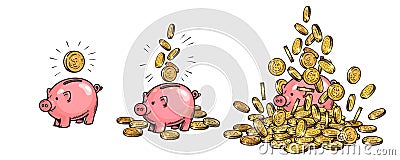 Cartoon piggy bank and gold coins set. Piggy with one coin, with falling cash, heaped over money. Growing wealth and Vector Illustration