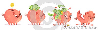 Cartoon piggy bank. Savings, bank deposit and save money investments. Empty and full of cash and golden coins pig bank Vector Illustration