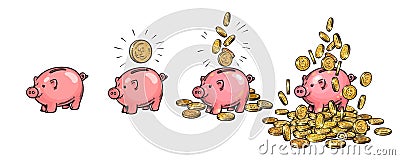 Cartoon piggy bank set. Empty, with one coin, with falling coins, heaped over money. Wealth and success concept. Hand Vector Illustration