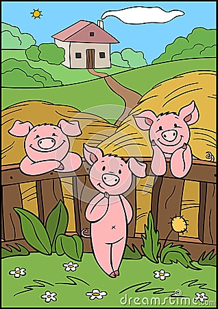 Cartoon farm animals. Three little cute pigs are near the fence on the farm. Vector Illustration