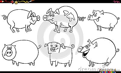 cartoon pigs farm animal characters set coloring page Vector Illustration