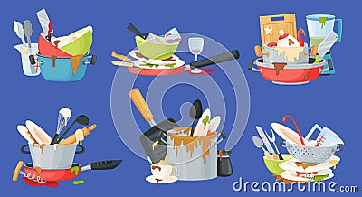 Cartoon piles of dirty dishes, plates and cups with food stains. Stained dinnerware, messy pots and pans, unwashed Vector Illustration