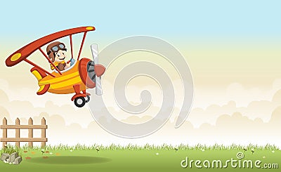 Cartoon pilot boy on a airplane flying Vector Illustration