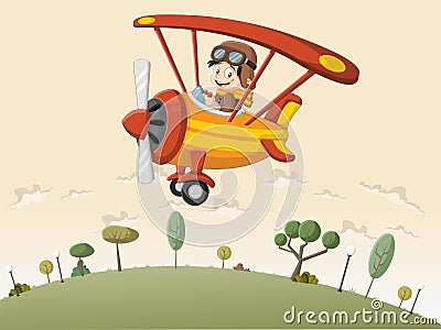 Cartoon pilot boy on a airplane Vector Illustration